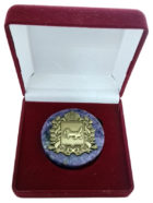 Медаль из чароита с стикером "Герб иркутской области" в бархатной коробочке